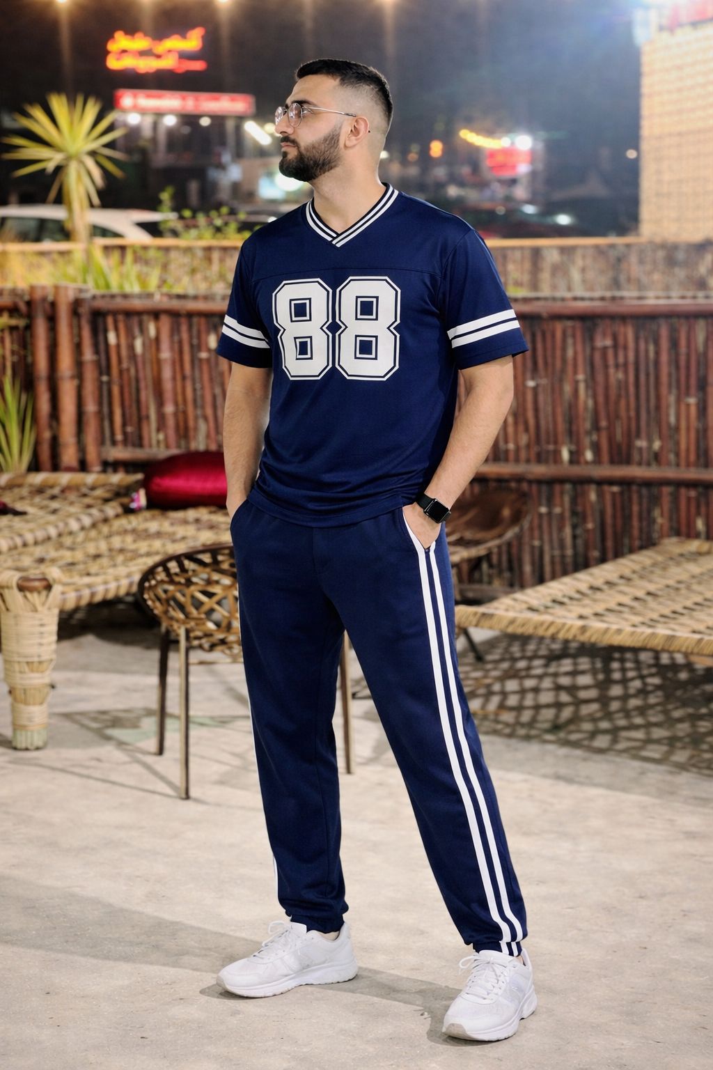 88 Printed Track Suit - Navy Blue with White Stripes