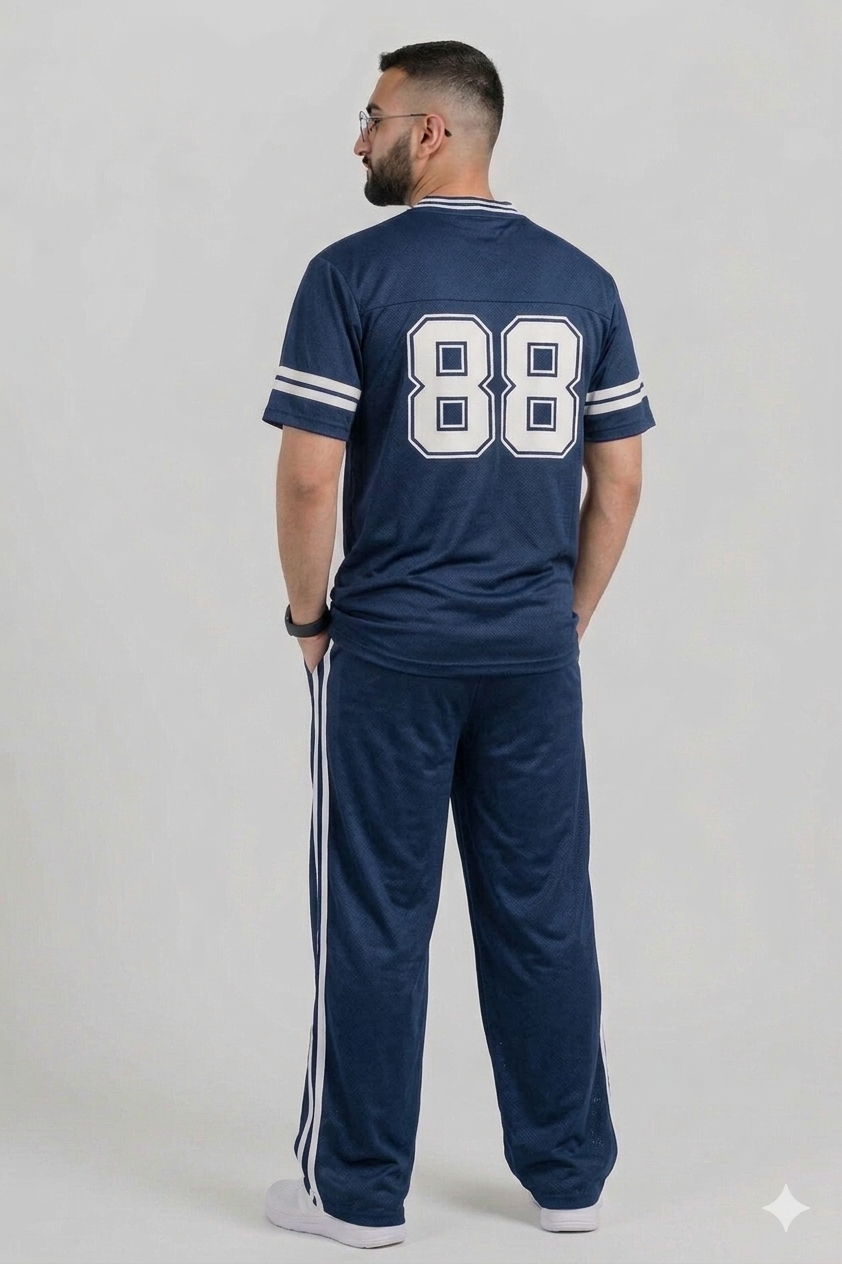 88 Printed Mesh Summer T Shirt - Navy Blue with White Stripes