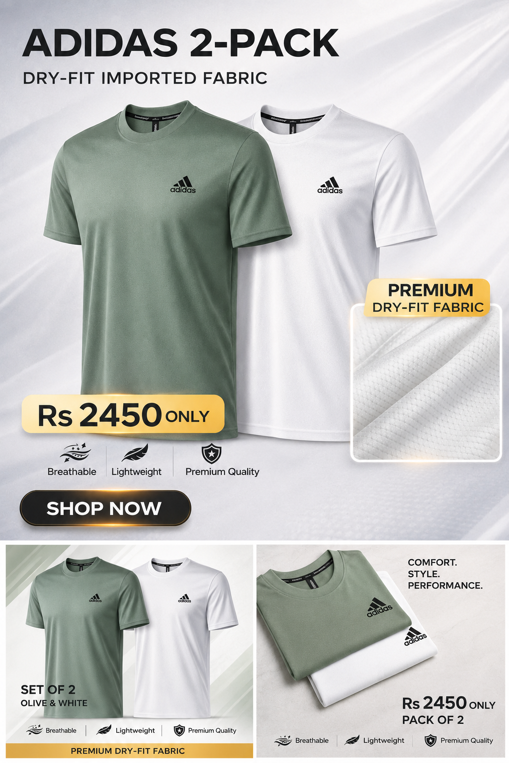 Men’s Adidas 2-Pack Tees – Imported Dry-Fit Fabric | Breathable Comfort