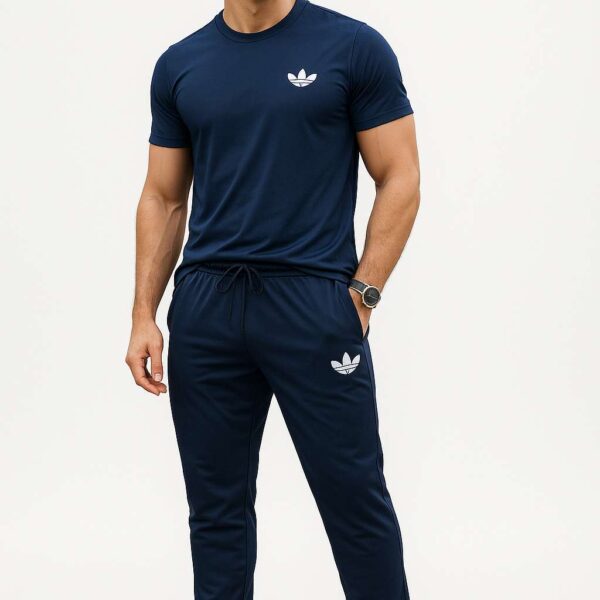 Adidas Premium Track Suit Navy Blue – Athletic Wear for Men with Half-Sleeve T-Shirt & Regular-Fit Trousers